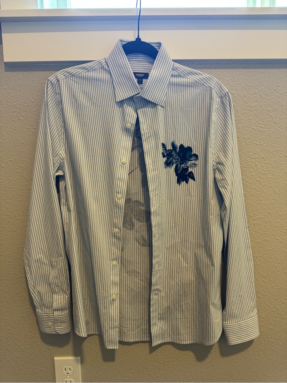 Express Men's Light Blue Striped Dress Shirt with Floral print